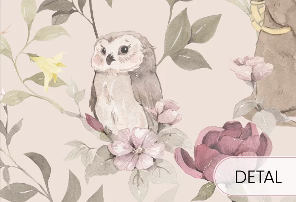 WOODLAND GIRLS - beige - tapeta do pokoju dziecka w kwiaty i zwierzątka - detal