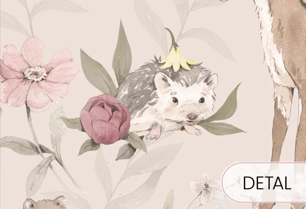 WOODLAND GIRLS - beige - tapeta do pokoju dziecka w kwiaty i zwierzątka - detal