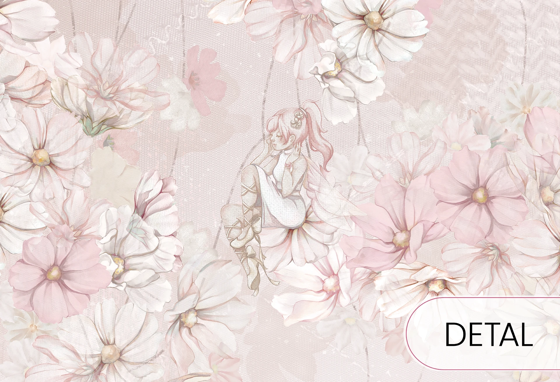 DAPHNE - rose - tapeta do pokoju dziewczynki z wróżkami wśród kwiatów