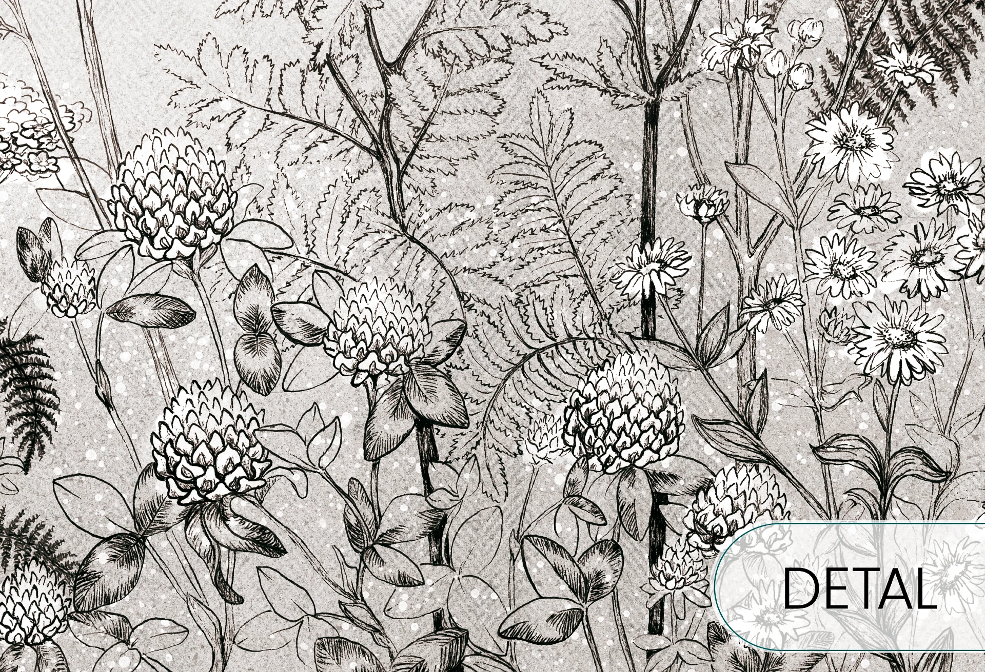 CLOVER - grey - tapeta do jadalni z łąką kwiatów