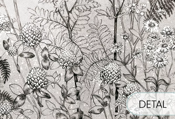 CLOVER - grey - tapeta do jadalni z łąką kwiatów - detal