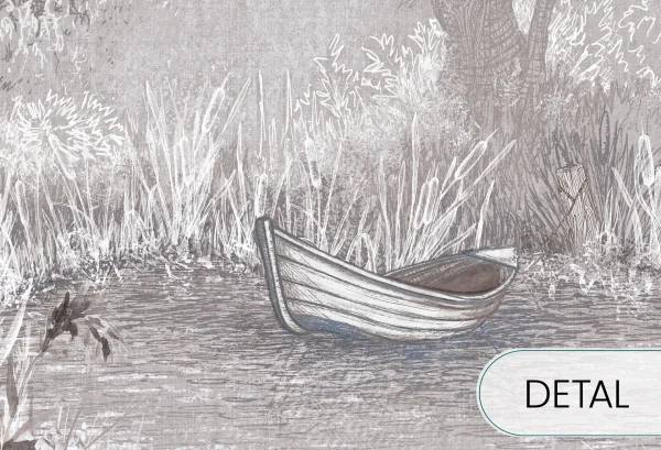 RIVERSIDE BOAT - dark - artystyczna tapeta pejzażowa z łodzią w nastrojowej tonacji - detal