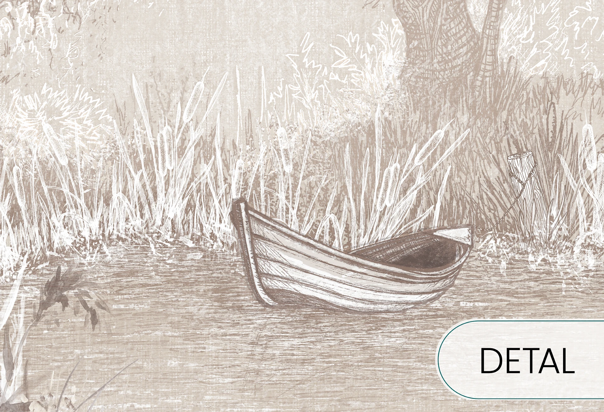 RIVERSIDE BOAT - sand - artystyczna tapeta pejzażowa z łodzią w kolorach ziemi