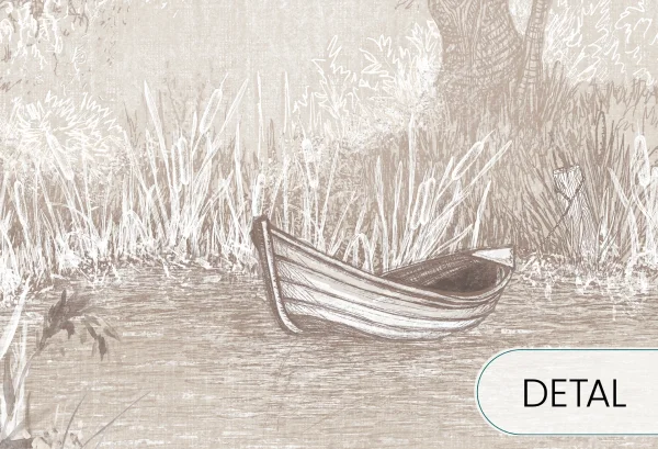 RIVERSIDE BOAT - sand - artystyczna tapeta pejzażowa z łodzią w kolorach ziemi - detal