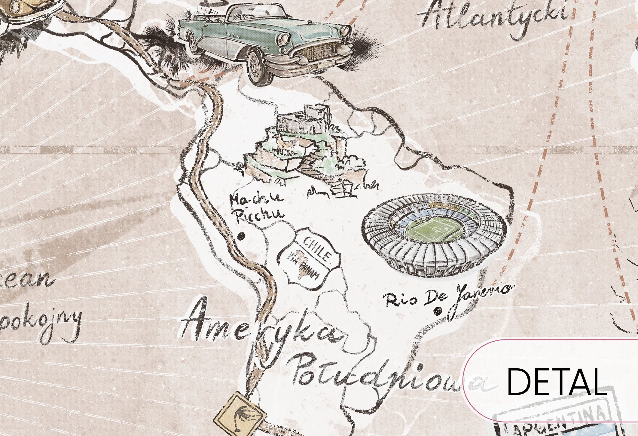 TRIP MAP- beige -  tapeta mapa, idealna do pokoju nastolatka