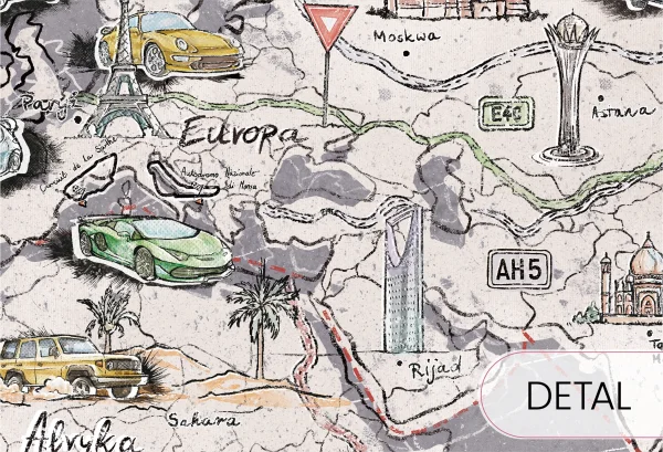 TRIP MAP  - grey-  tapeta do pokoju dziecka mapa świata - detal