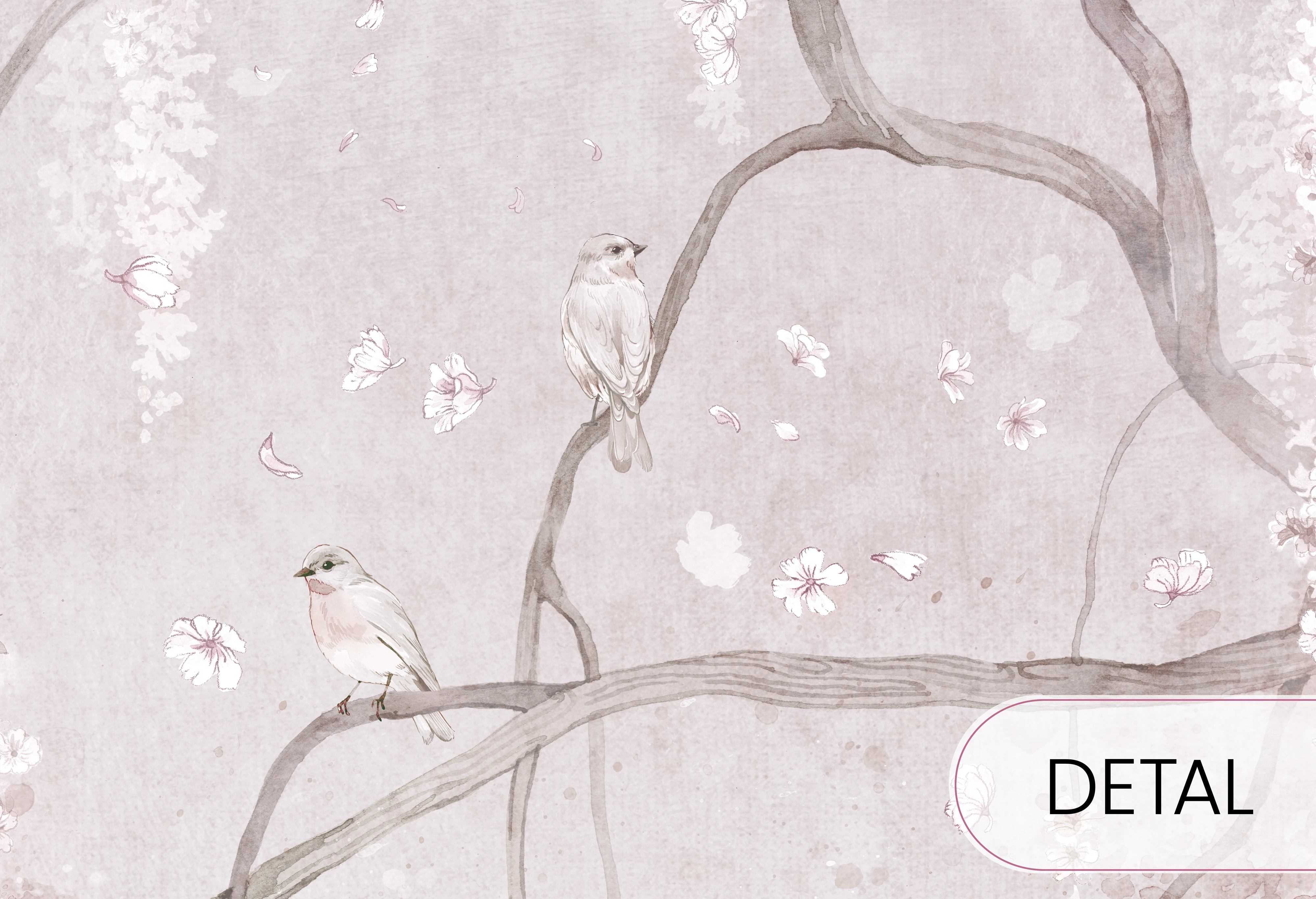 BIRDSONG - almond - neutralna tapeta dziecięca z kwiecistym drzewem