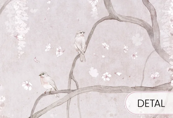BIRDSONG - almond - neutralna tapeta dziecięca z kwiecistym drzewem - detal