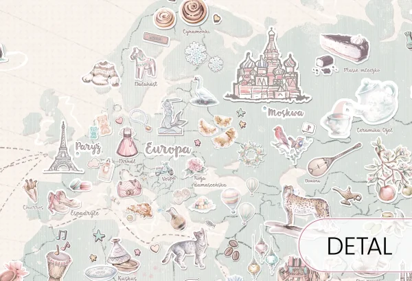 DEAR DIARY NORTH - teal - artystyczna tapeta ścienna z mapą świata dla dzieci - detal