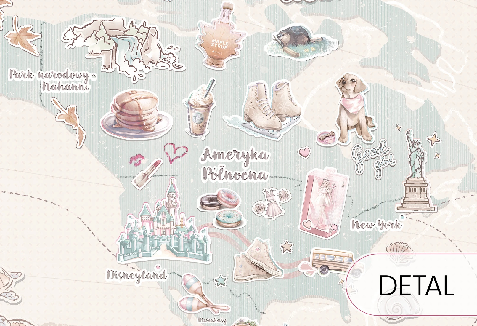 DEAR DIARY NORTH - teal - artystyczna tapeta ścienna z mapą świata dla dzieci