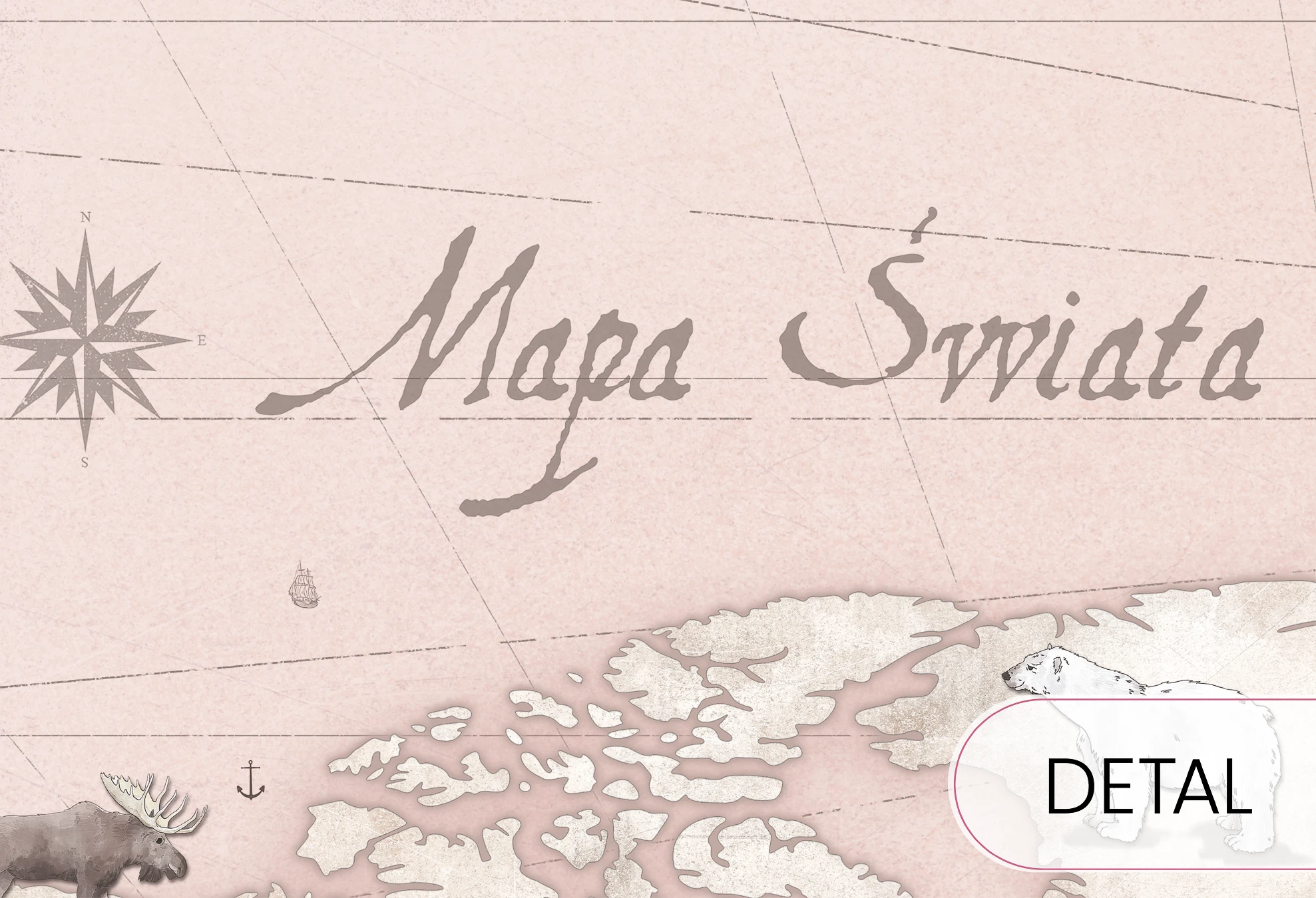 MAPS - rose - różowa tapeta z mapą i zwierzętami