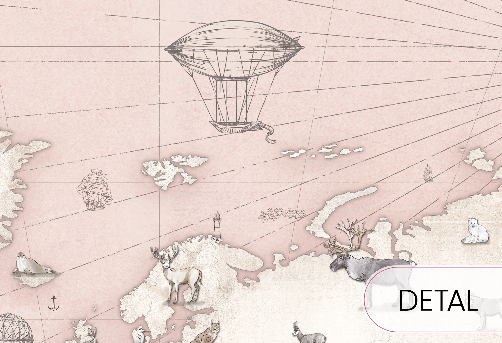 MAPS - rose - różowa tapeta z mapą i zwierzętami