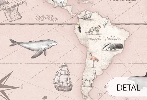 MAPS - rose - różowa tapeta z mapą i zwierzętami - detal