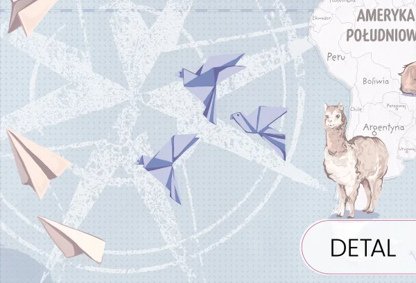 WANDERLUST – BLUE - tapeta mapa świata z samolotami i balonami - detal