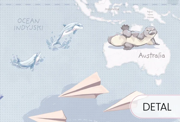 WANDERLUST – BLUE - tapeta mapa świata z samolotami i balonami - detal