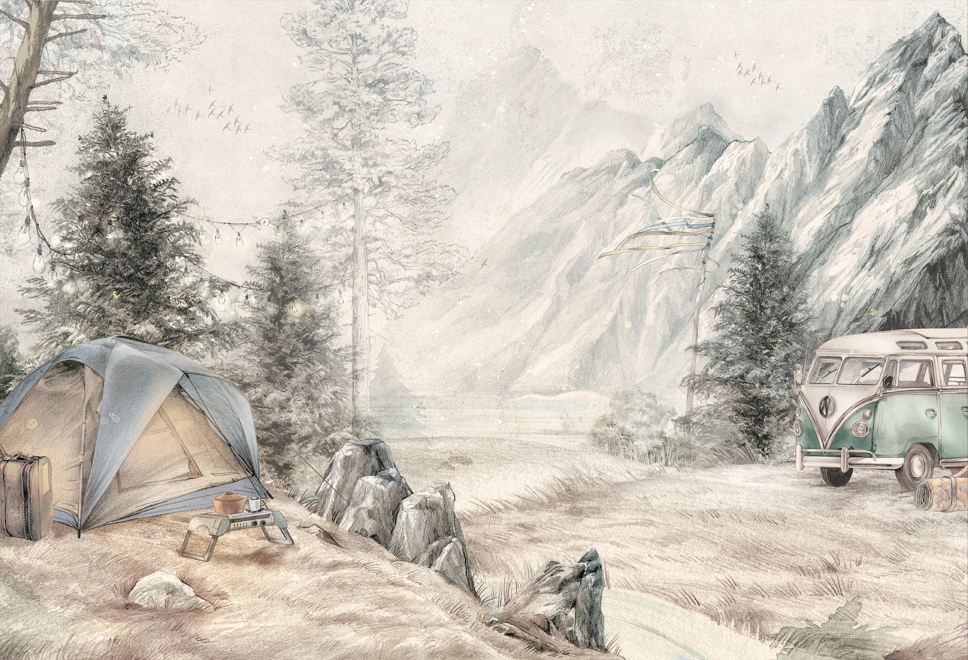 MOUNTAIN CAMP - day - tapeta do pokoju nastolatka z górskim pejzażem