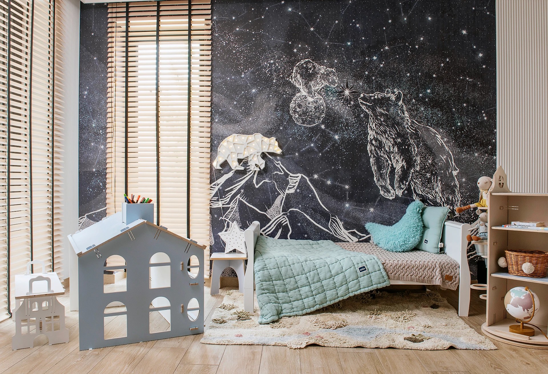 NOCNE NIEBO - niedźwiadki - stonowana tapeta do pokoju dziecięcego