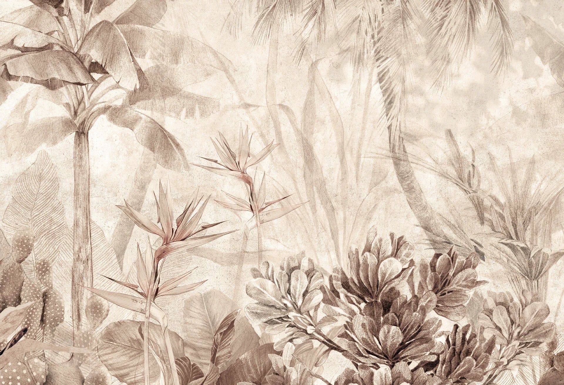 PARADISE - warm beige - tapeta w tropikalne rośliny do salonu lub sypialni