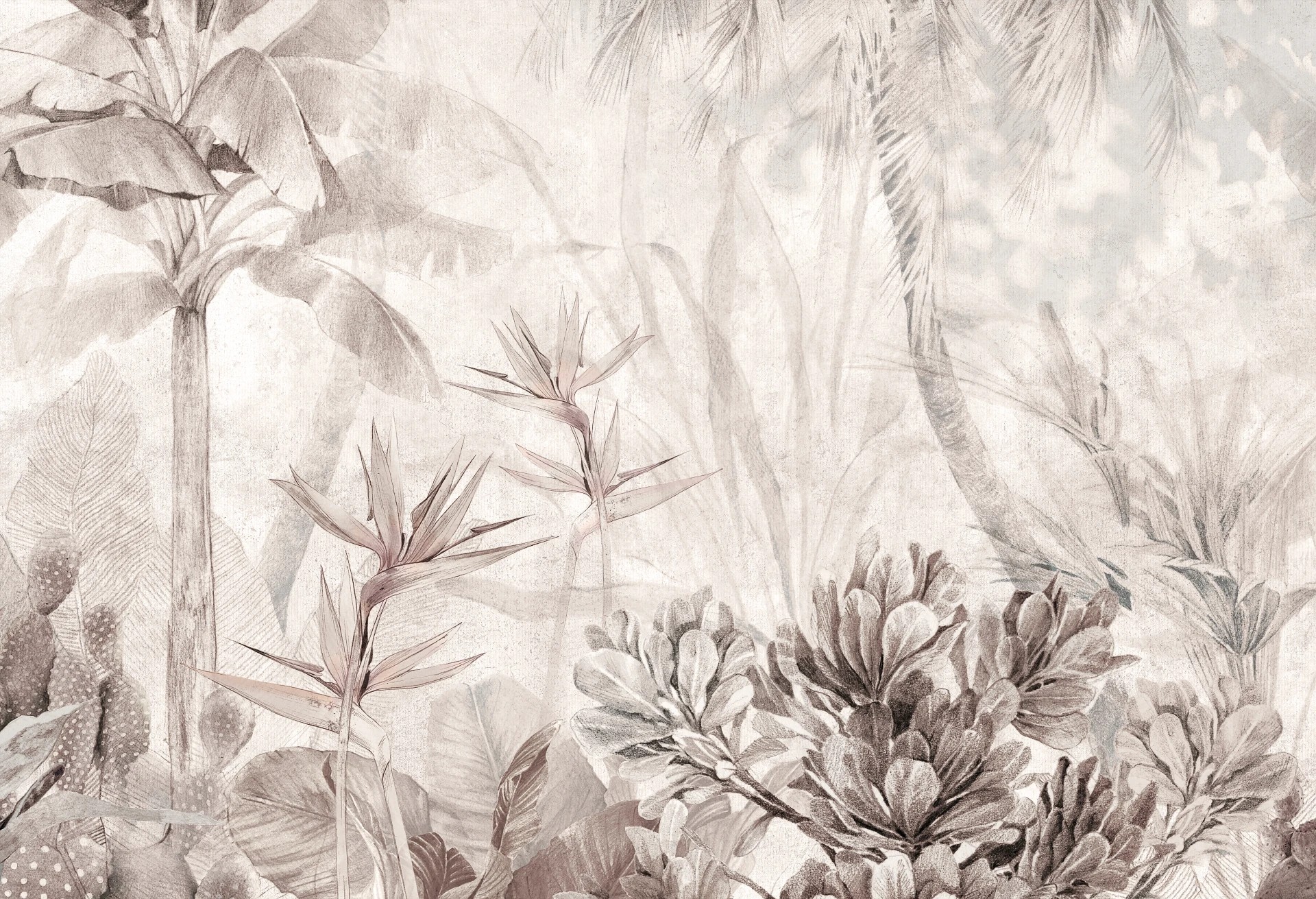 PARADISE - warm grey - tapeta w egzotyczne rośliny do salonu lub sypialni