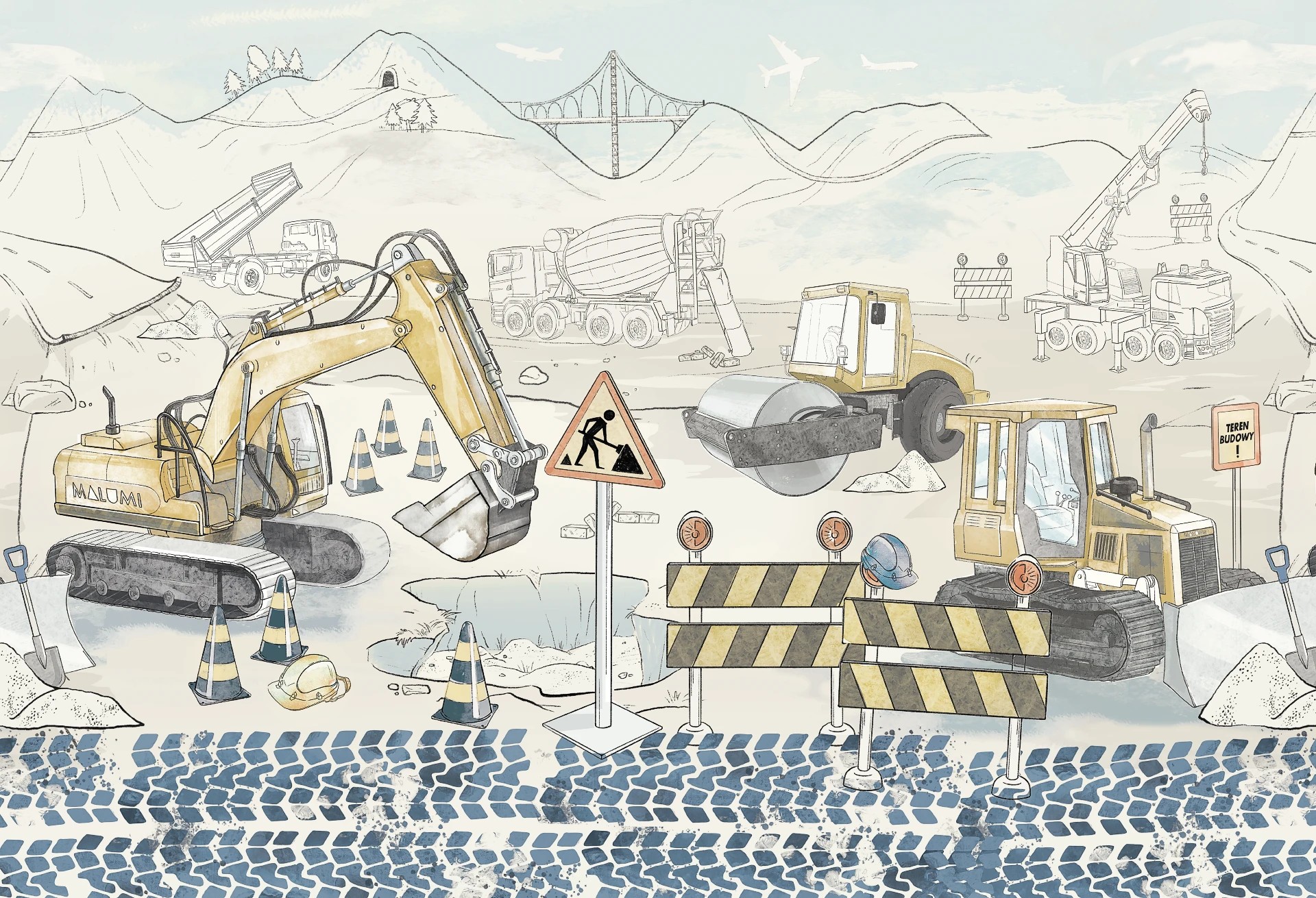 PLAC BUDOWY MURAL - blue - tapeta chłopięca z maszynami budowlanymi