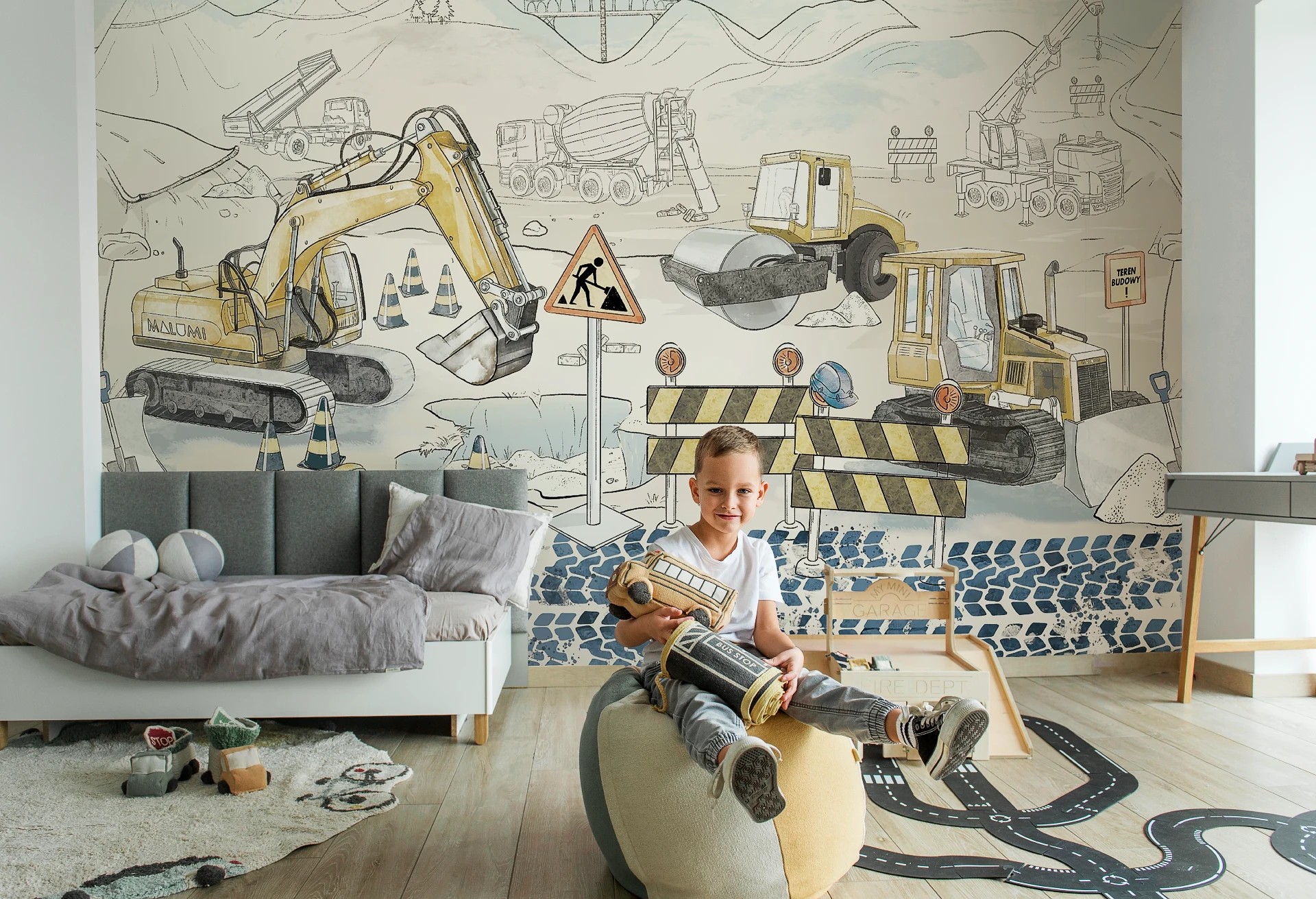 PLAC BUDOWY MURAL - blue - tapeta chłopięca z maszynami budowlanymi