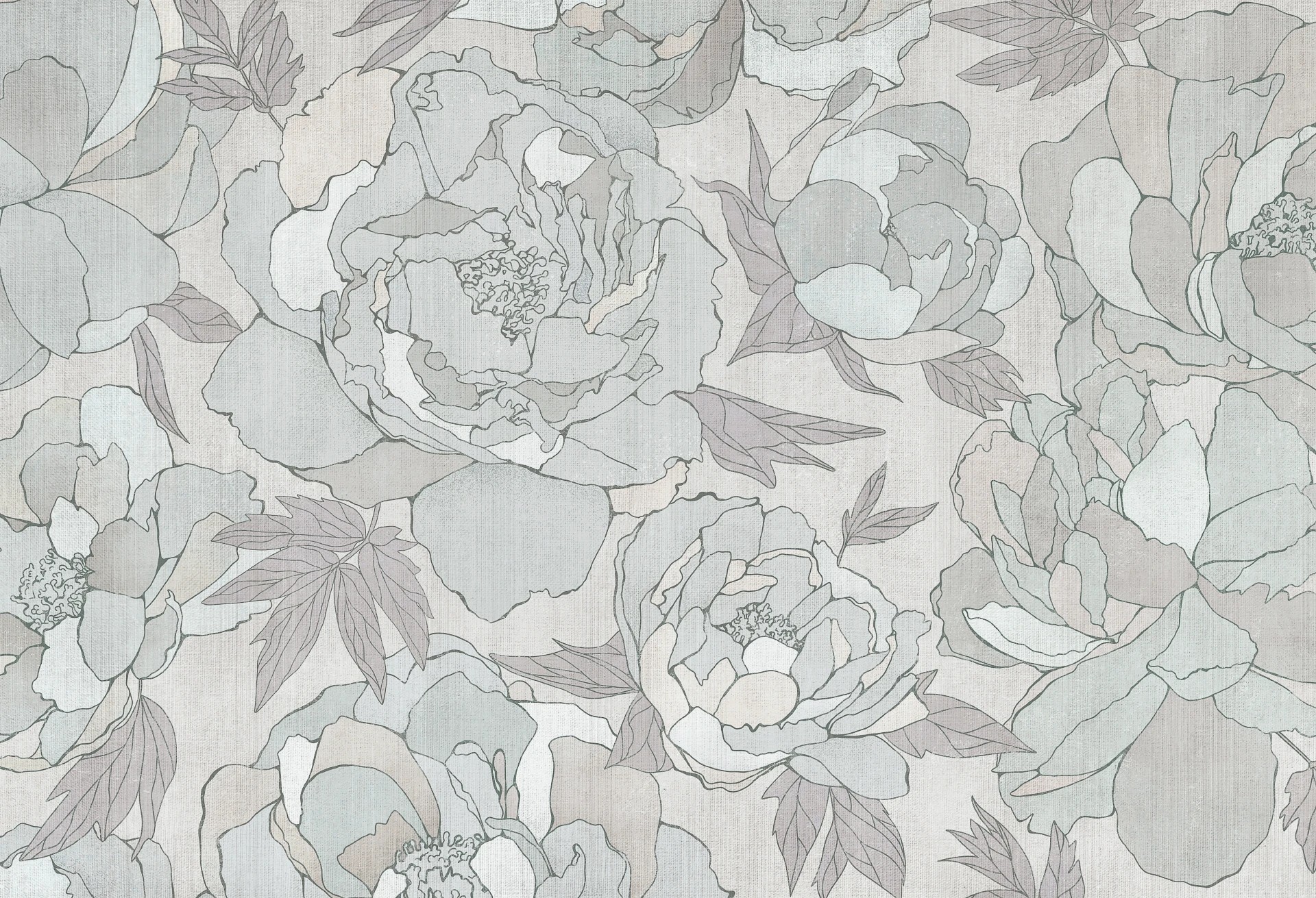 PEONIES - sage grey -  tapeta do salonu w duże kwiaty
