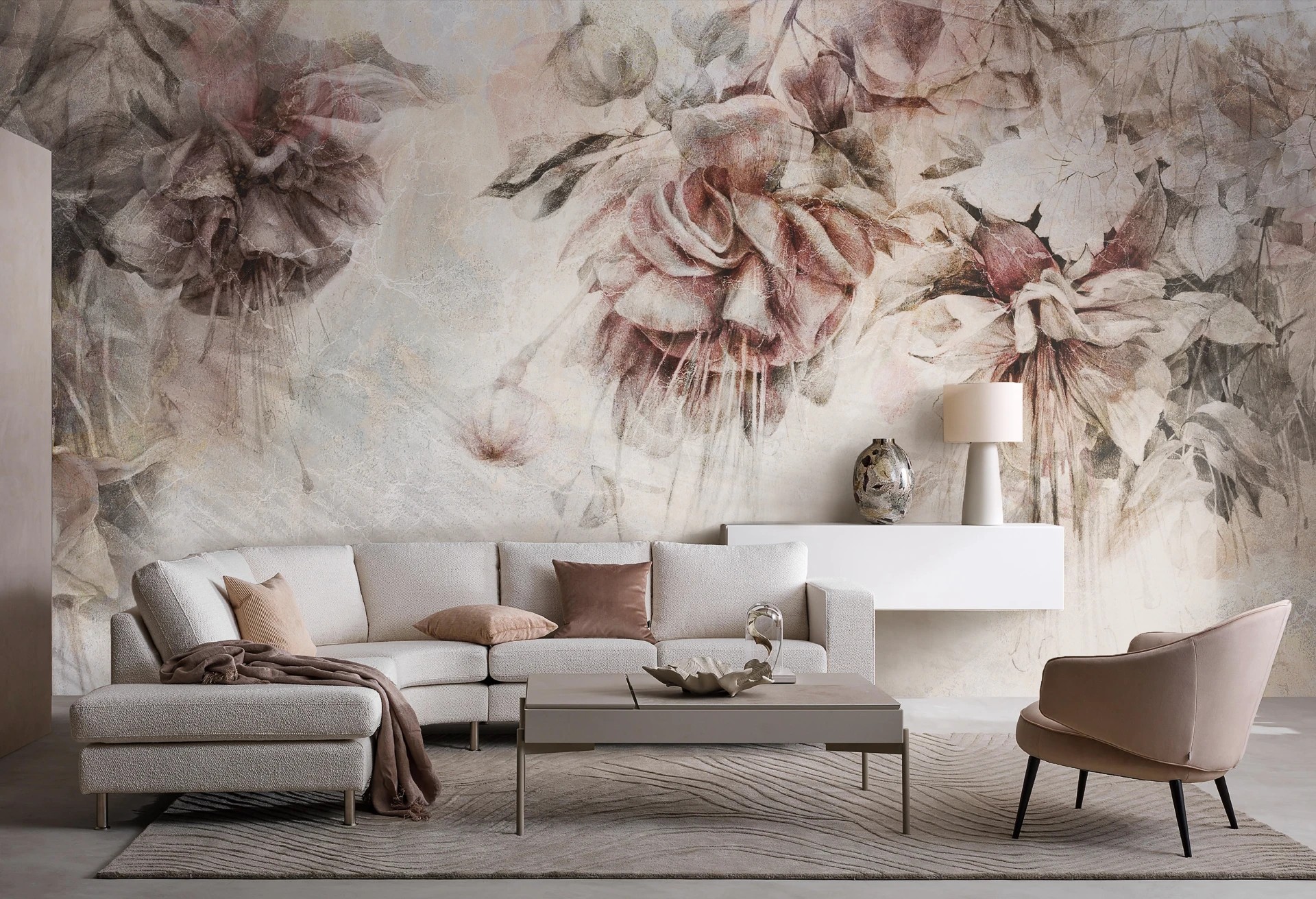 SWINGTIME FUCHSIA - creme - tapeta do salonu z motywem kwiatowym