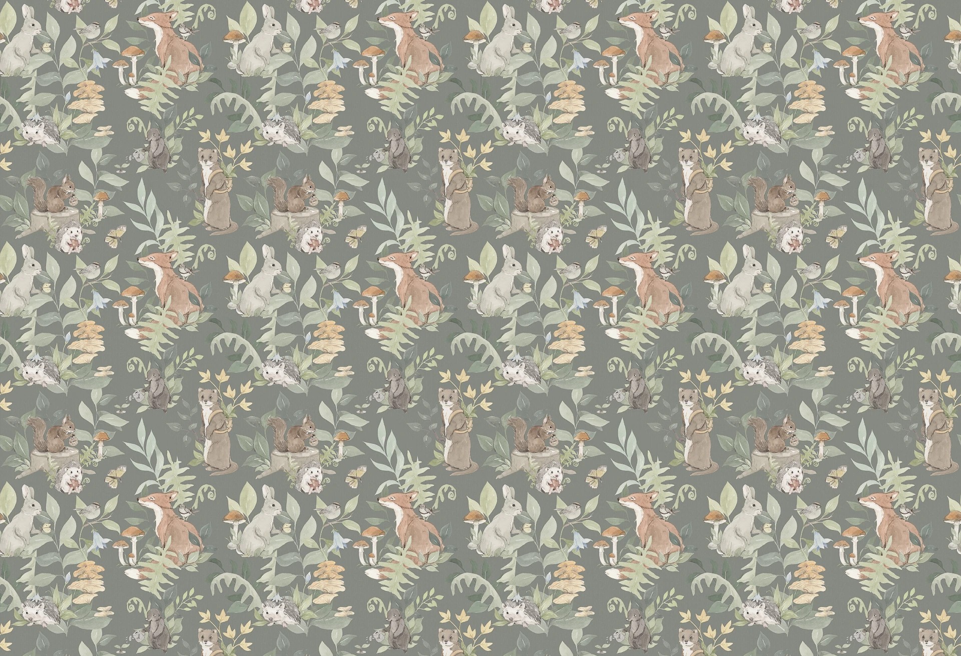 WOODLAND SMALL - dark green - tapeta dziecięca w leśne zwierzątka i rośliny