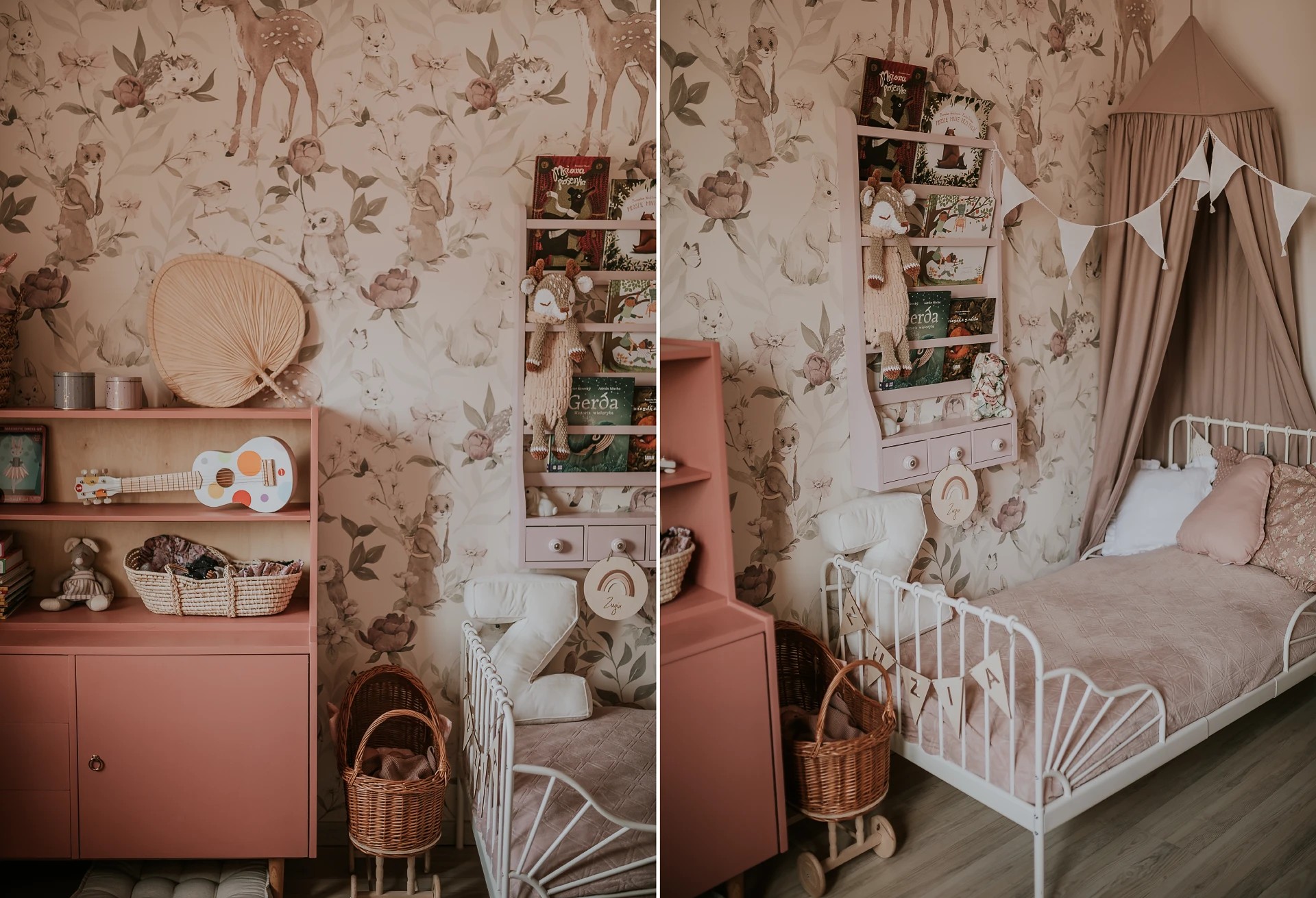 WOODLAND GIRLS - beige - tapeta do pokoju dziecka w kwiaty i zwierzątka