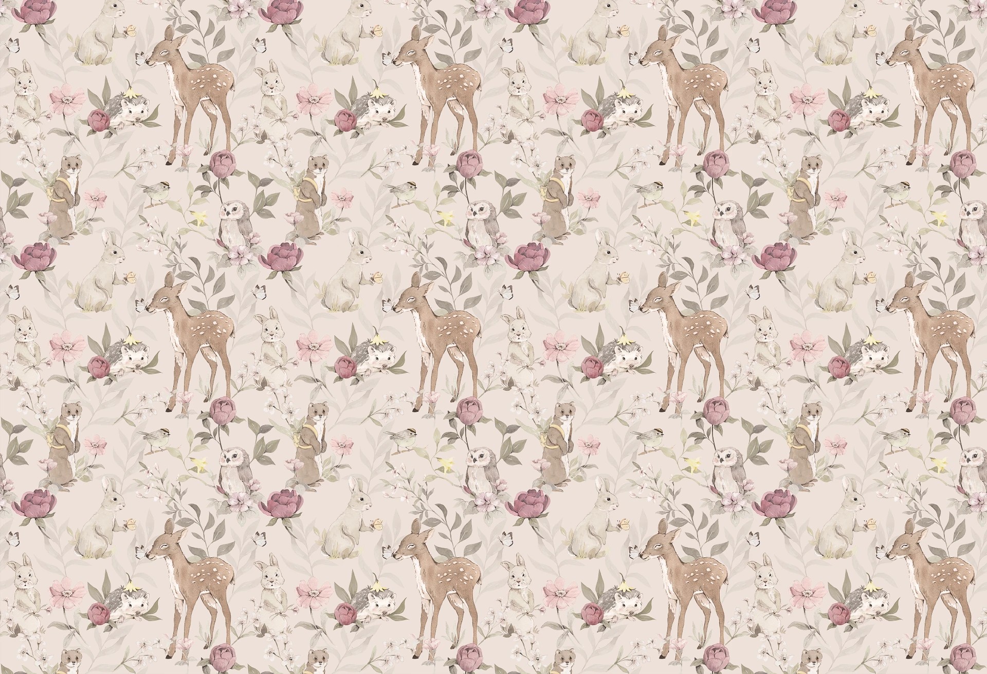 WOODLAND GIRLS - beige - tapeta do pokoju dziecka w kwiaty i zwierzątka