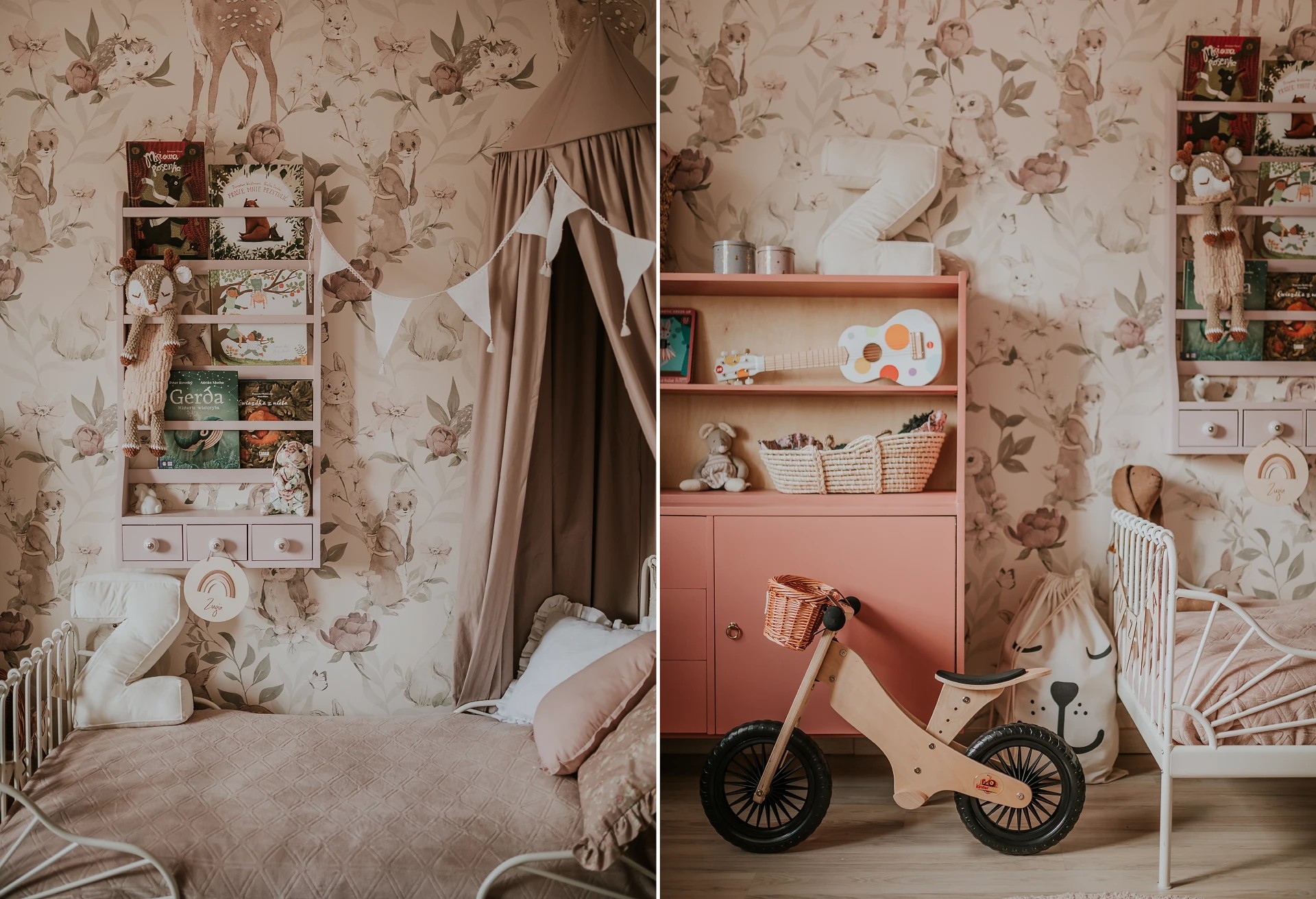 WOODLAND GIRLS - beige - tapeta do pokoju dziecka w kwiaty i zwierzątka