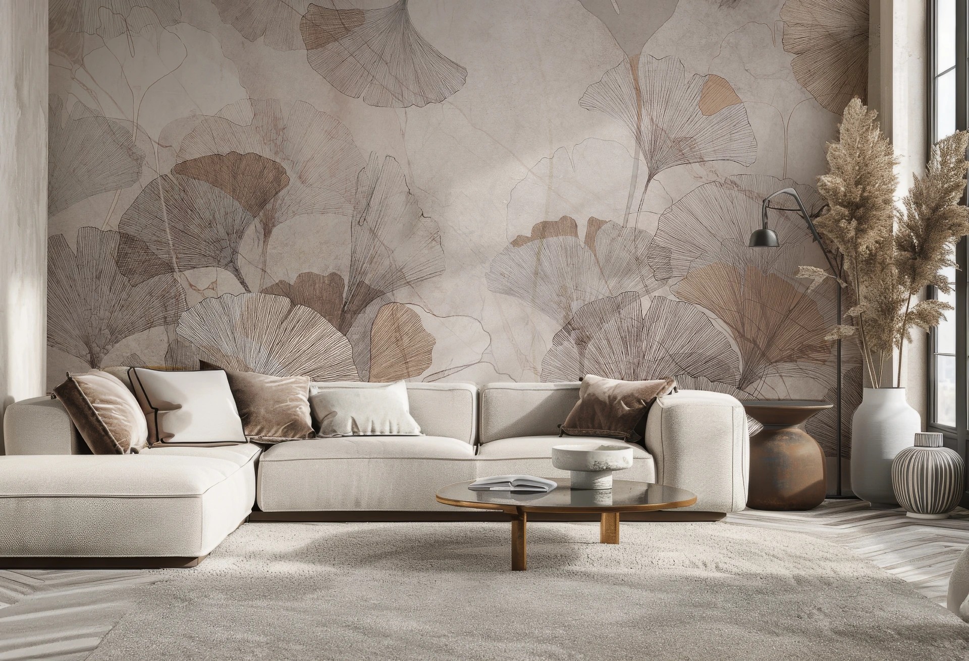 GINGKO - toffee - tapeta do salonu i sypialni z liśćmi gingko biloba