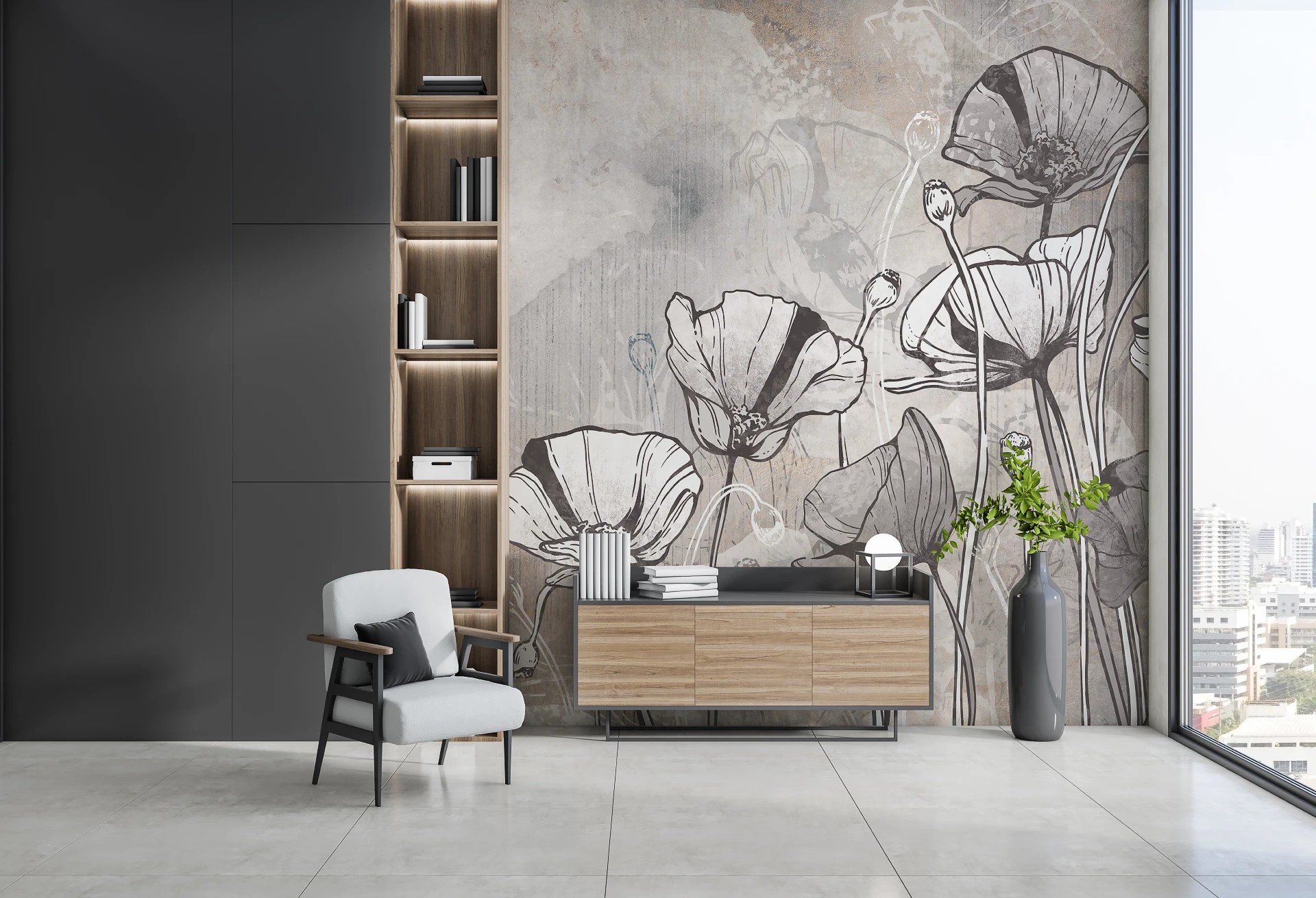 FLORA - warm grey - tapeta z motywem natury do salonu lub sypialni