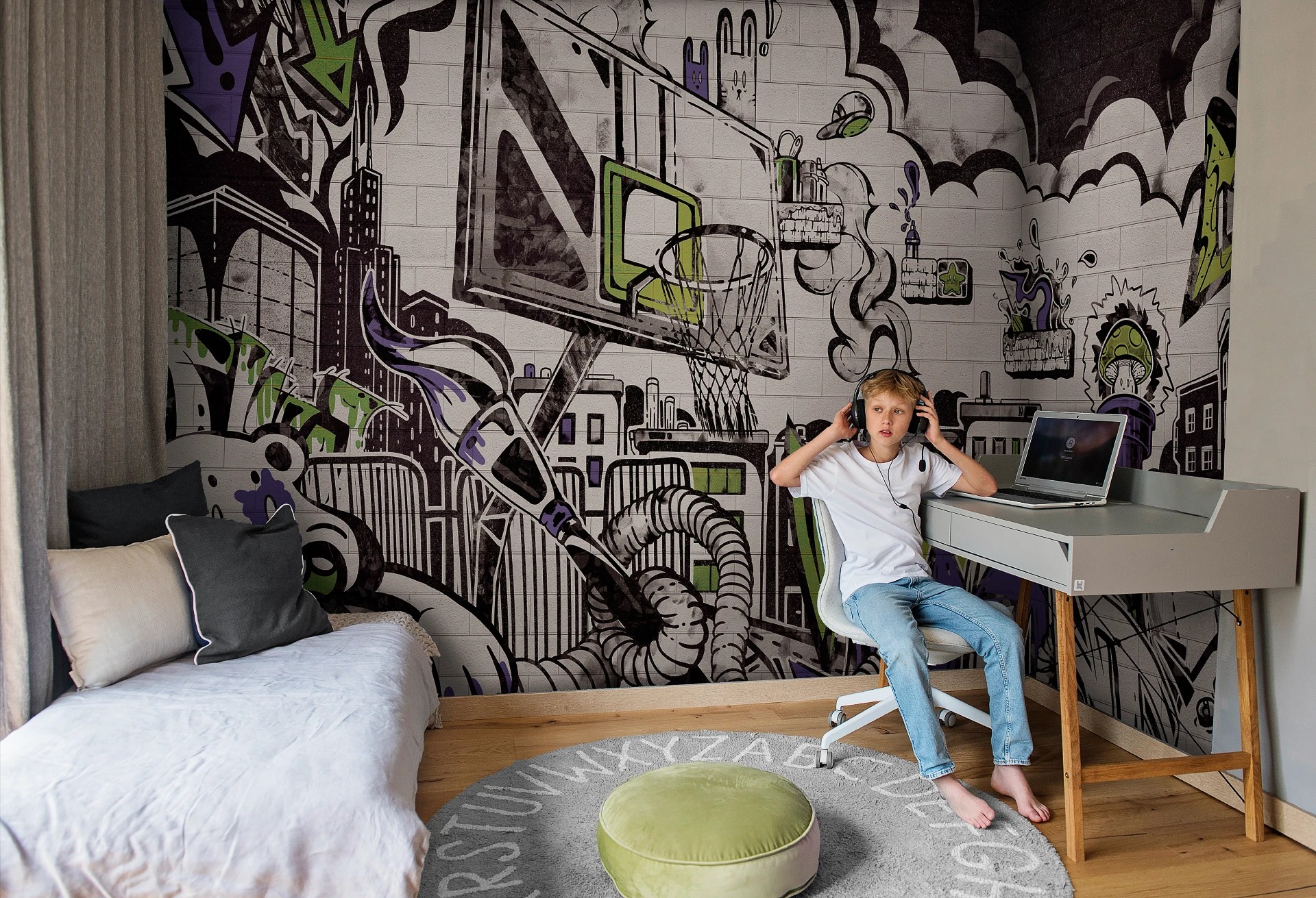 GRAFFITI - green - tapeta z motywem graffiti do pokoju nastolatka