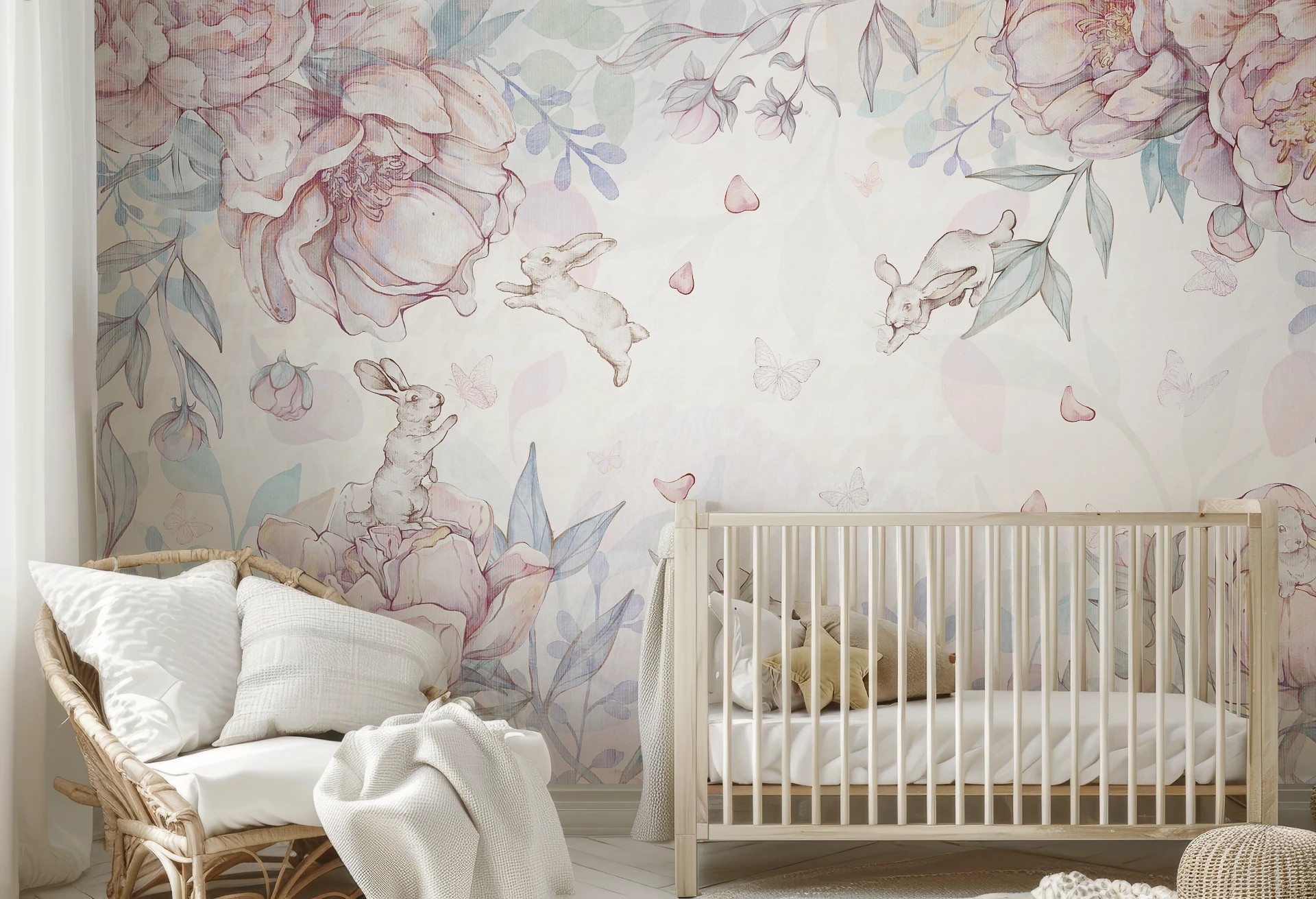 FLOWER BUNNIES - bubblegum - tapeta dla dziewczynki z króliczkami