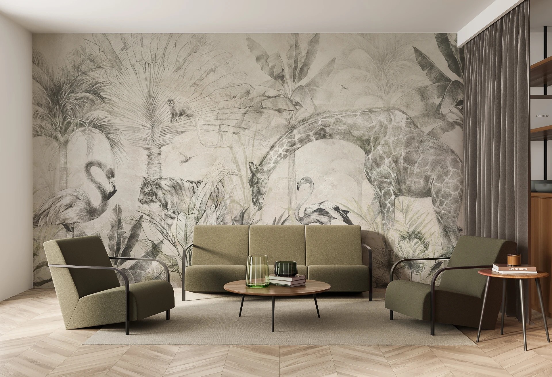 EXOTIC ANIMALS - green - tapeta do salonu w egzotyczne zwierzęta