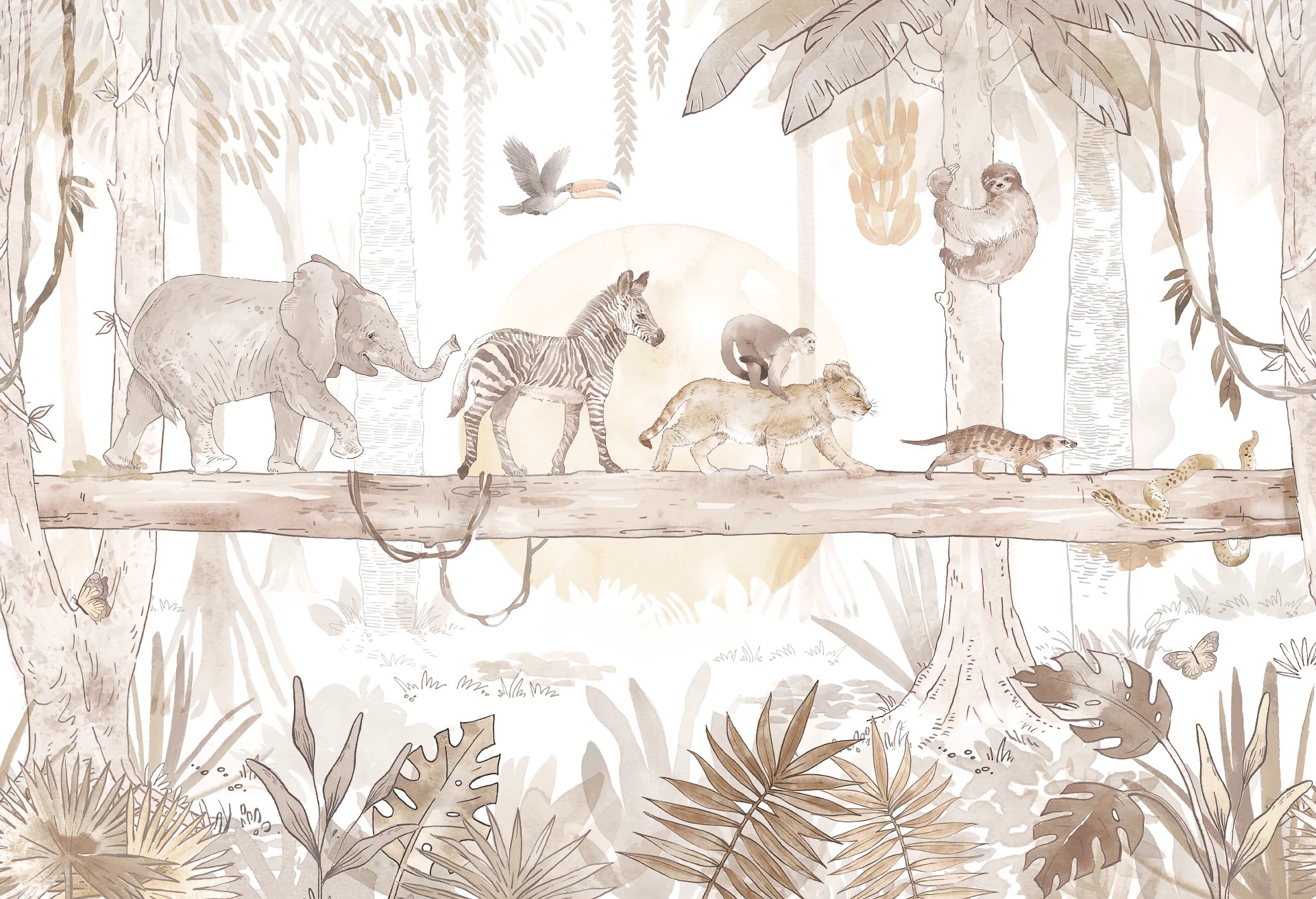 SAFARI - ANIMALS - sepia - tapeta do pokoju dziecięcego w afrykańskie zwierzęta