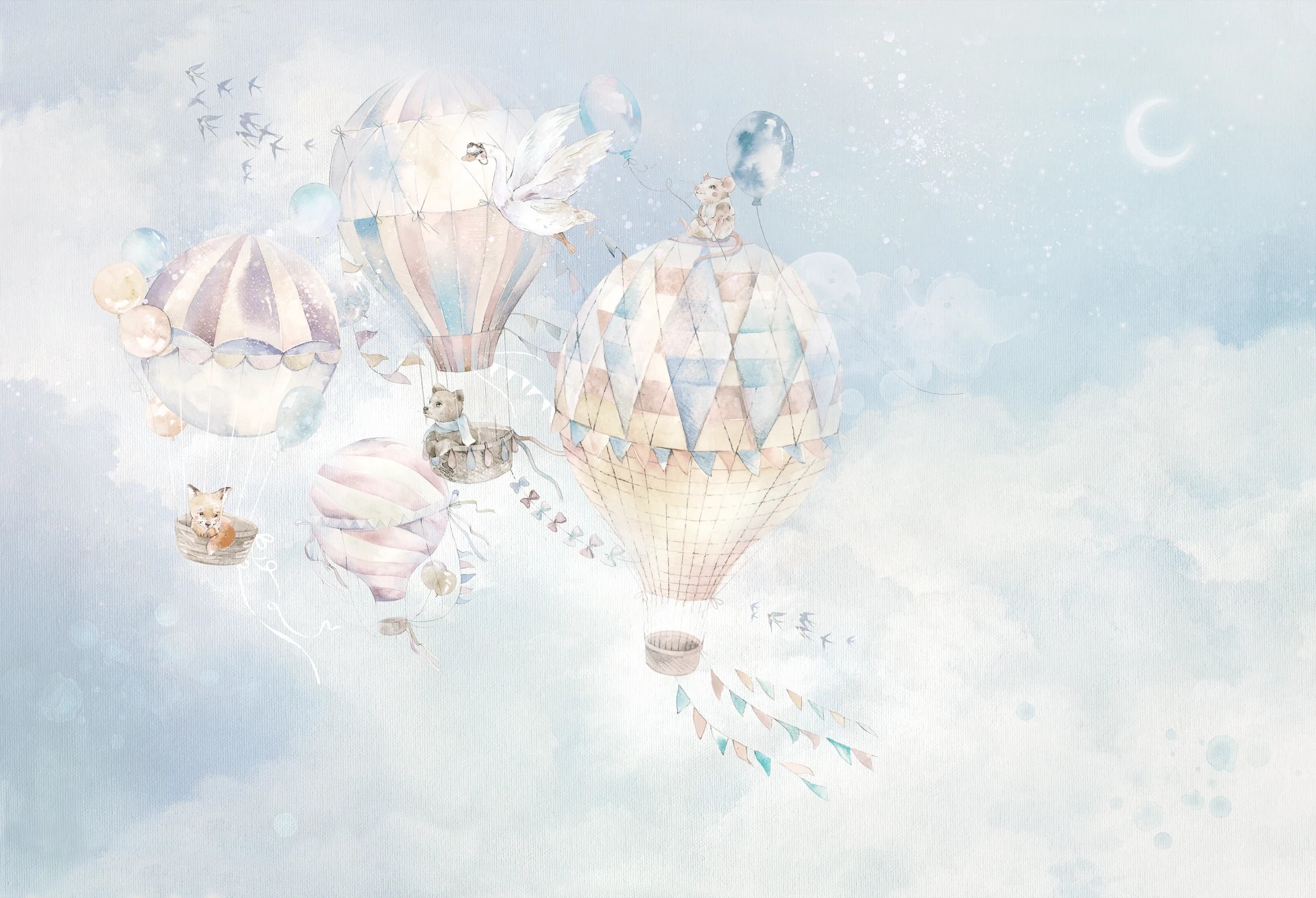 BALLOONS - rainbow - tapeta dla maluszka z balonami w chmurach