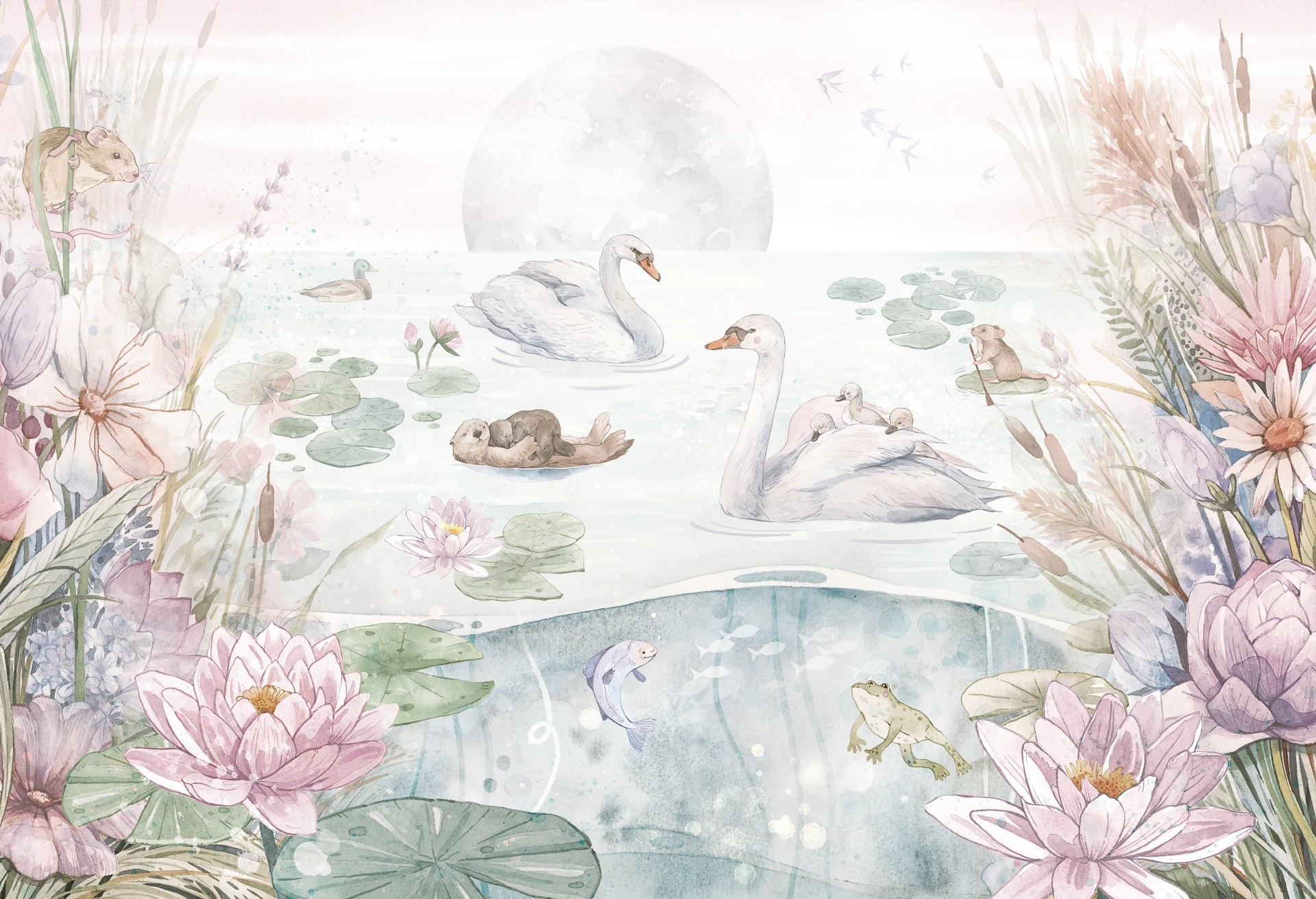 SWAN LAKE - rainbow - tapeta z jeziorem i łabędziami do pokoju dziecięcego