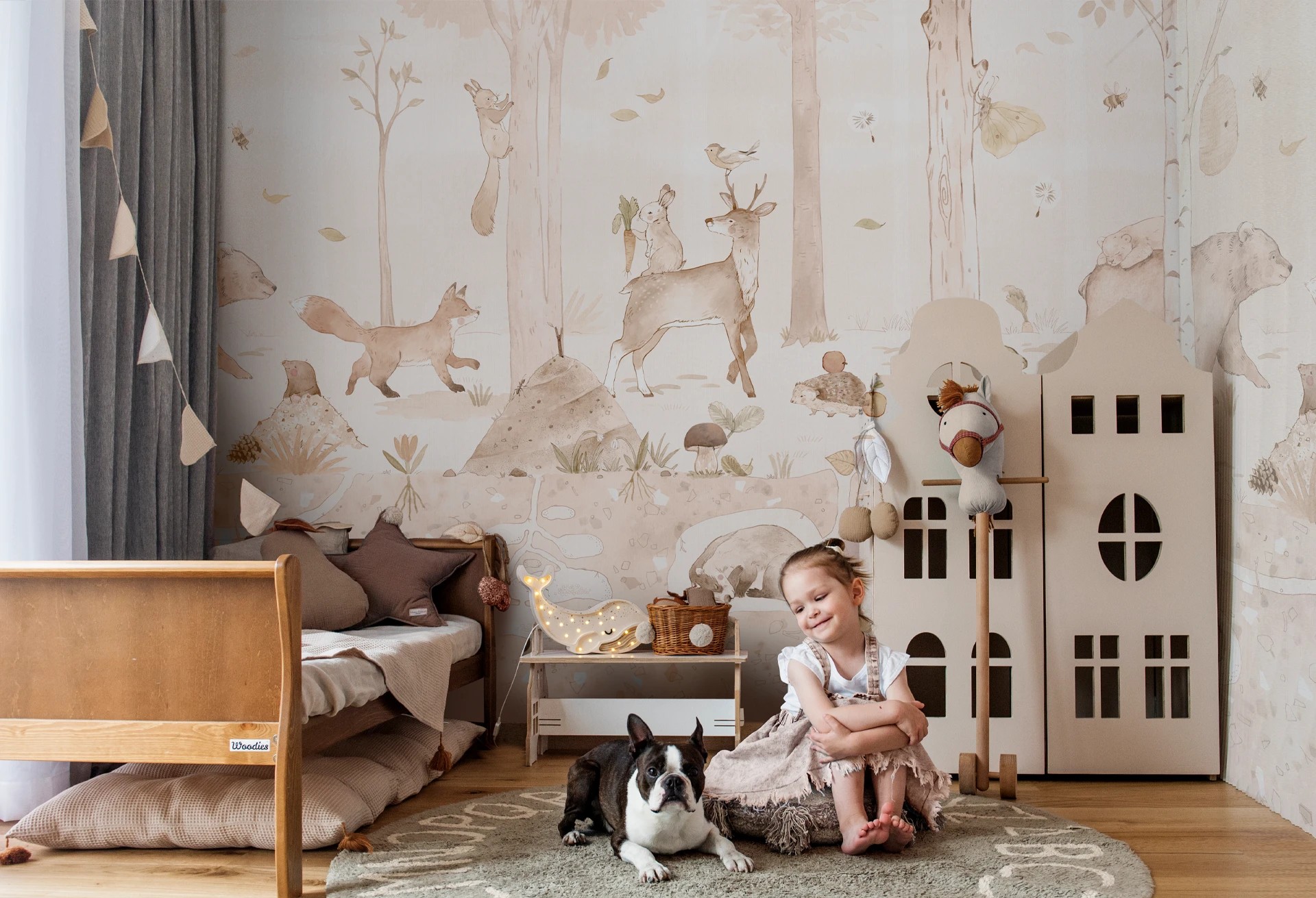 MINI ZOO - sepia - tapeta dla dziecka z leśnymi zwierzątkami