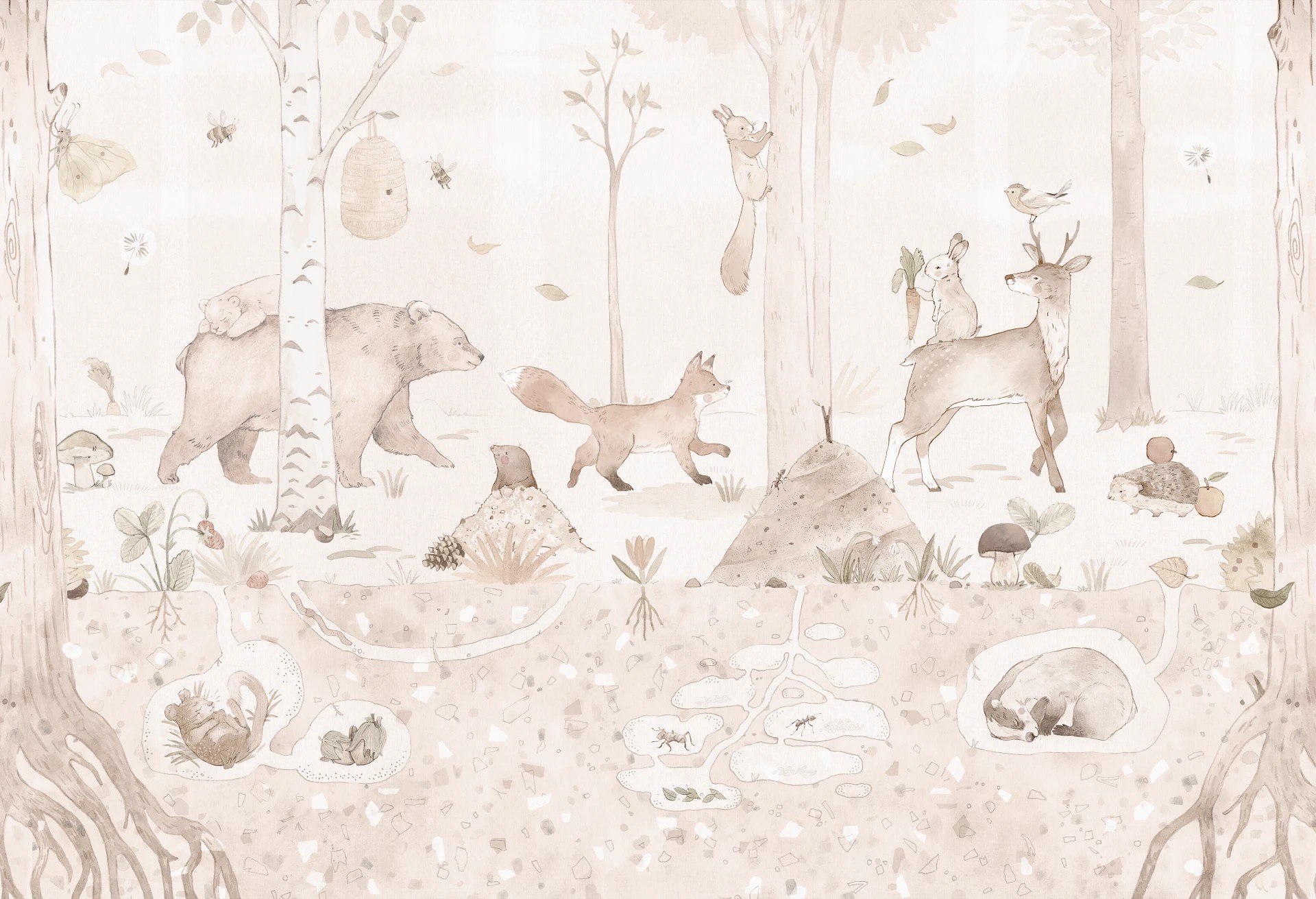 MINI ZOO - sepia - tapeta dla dziecka z leśnymi zwierzątkami