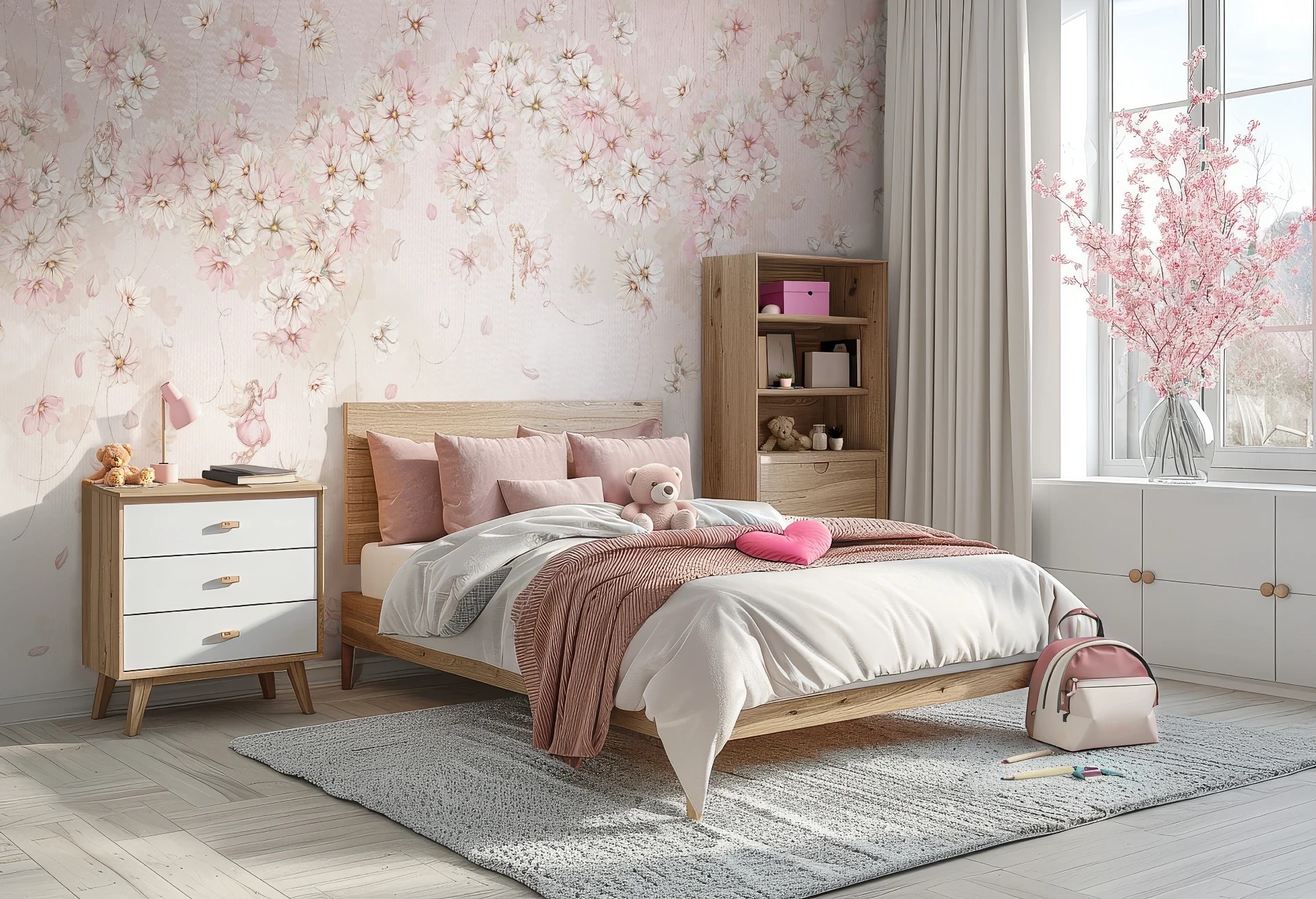 DAPHNE - rose - tapeta do pokoju dziewczynki z wróżkami wśród kwiatów