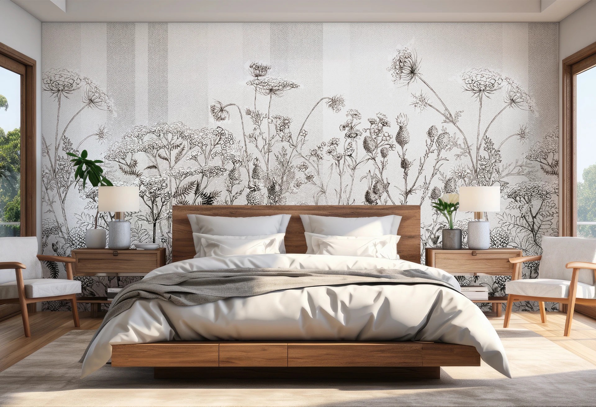 CLOVER - grey - tapeta do jadalni z łąką kwiatów