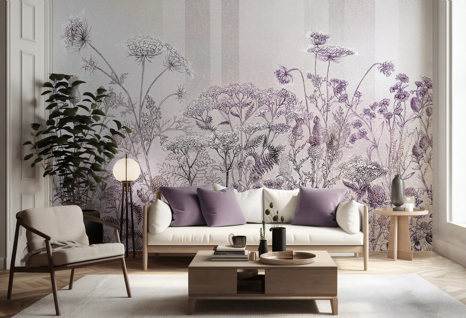 CLOVER - purple - wiosenna tapeta do salonu z wysokimi roślinami