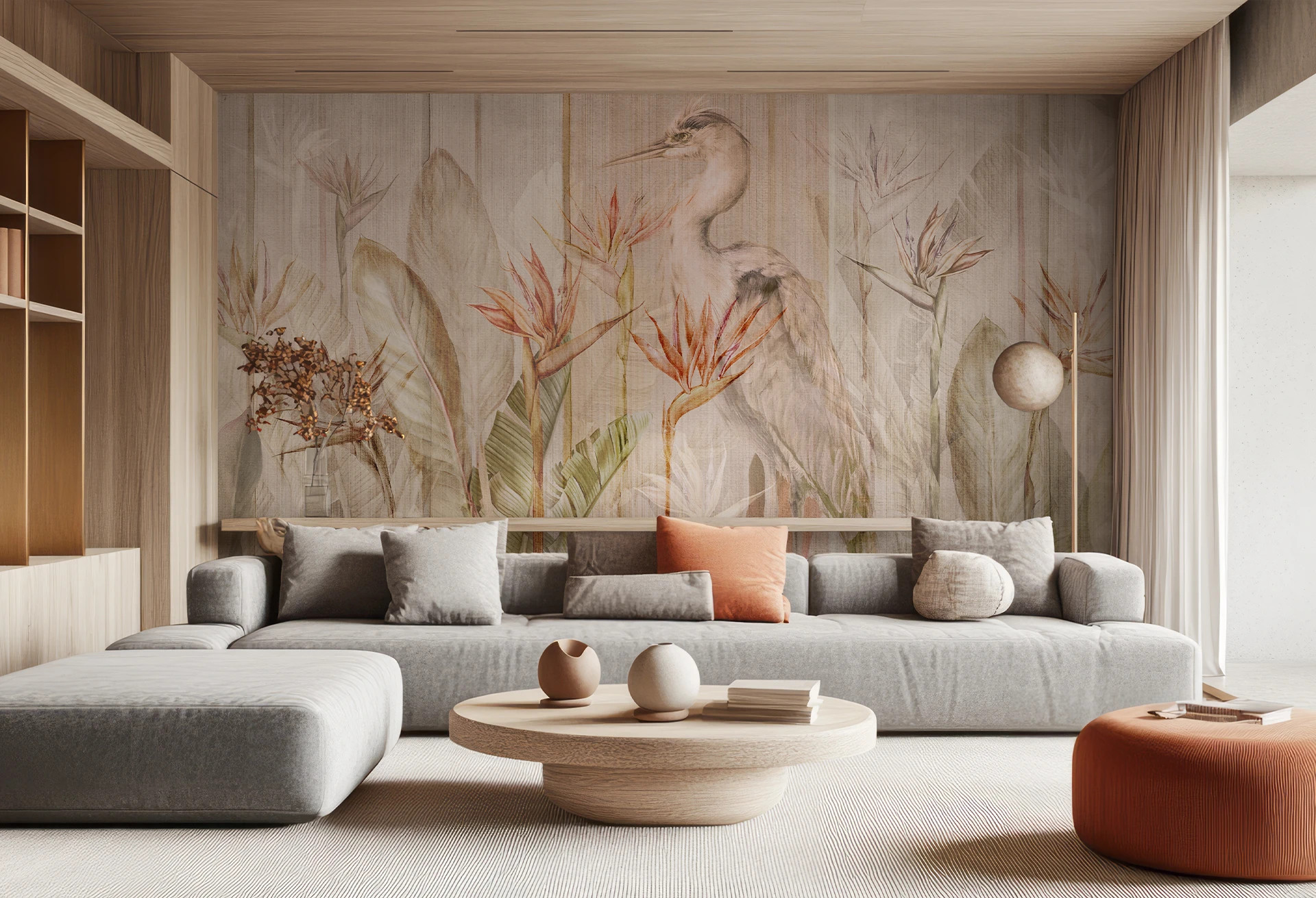 RIVIERA HERON - light - tapeta do salonu z kwiatami strelicji i czaplą siwą