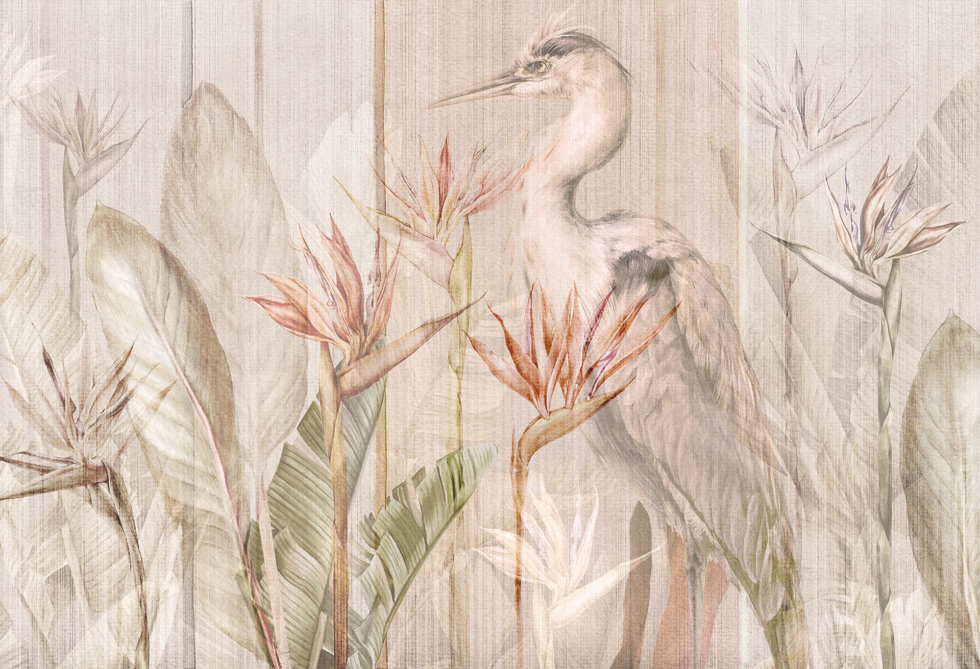 RIVIERA HERON - light - tapeta do salonu z kwiatami strelicji i czaplą siwą