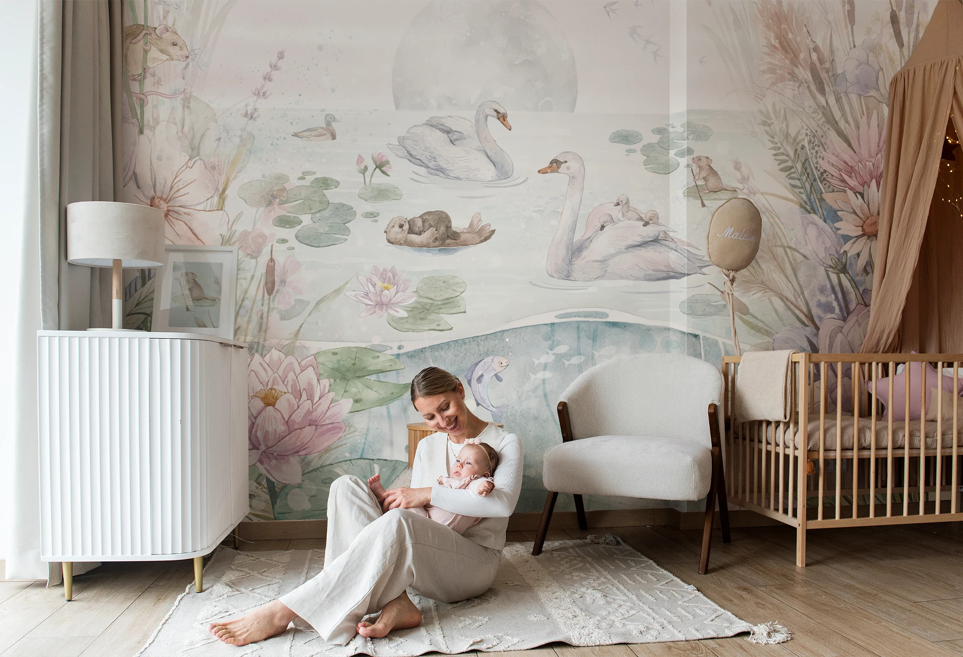 SWAN LAKE - rainbow - tapeta z jeziorem i łabędziami do pokoju dziecięcego