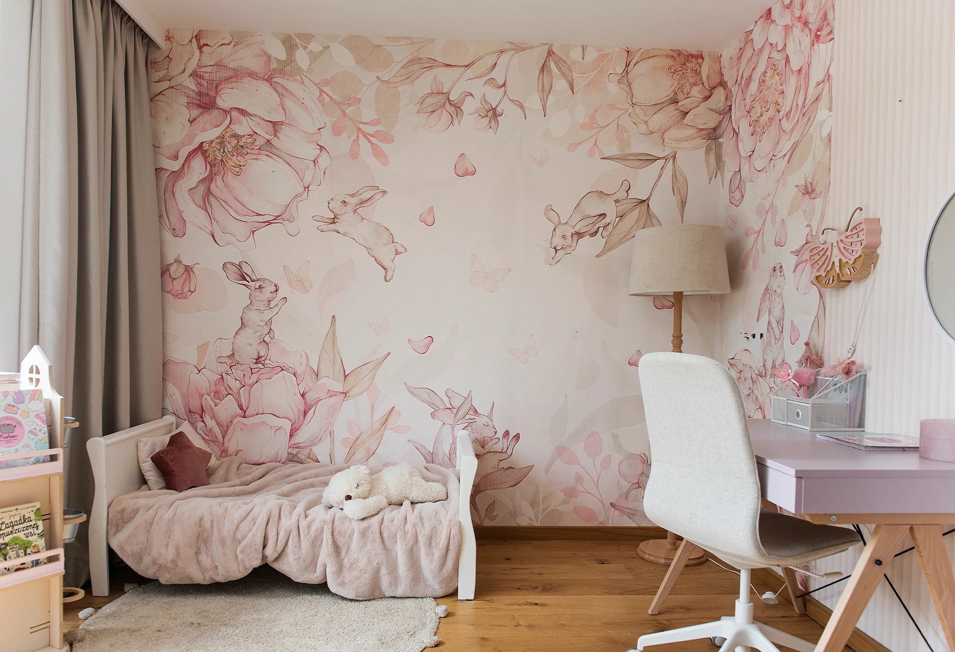 FLOWER BUNNIES - pink - tapeta dla dziewczynki z króliczkami