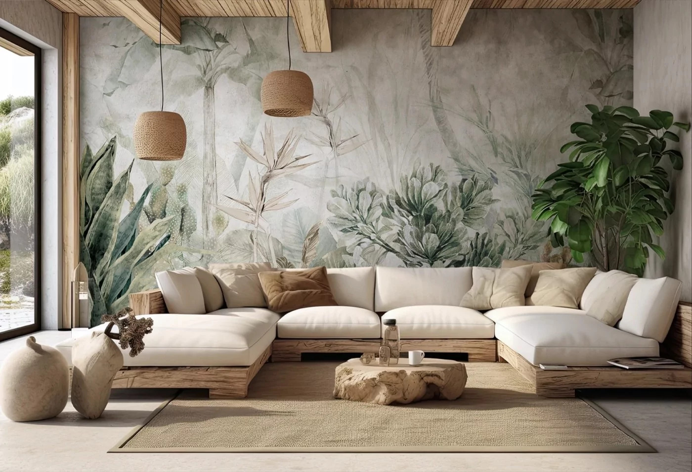 PARADISE - sage green - 360 cm x 185 cm - tapeta idealna do lamperii