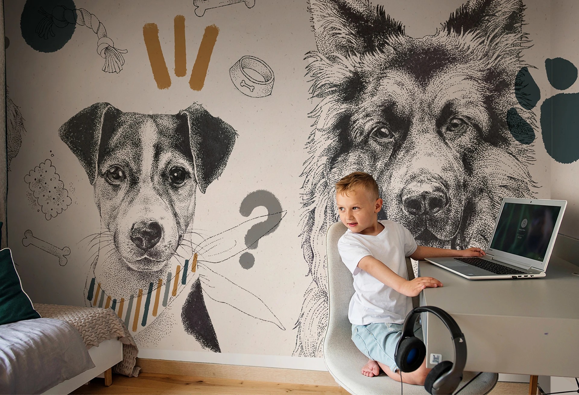 DOGGIES - mustard - tapeta do pokoju dla chłopca z rasami psów